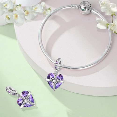 Birthstone Charm, 925 Sterling Silve Heart Dangle Charms for Pandora Bracelets, Ladies Birthday Gift - style: B-February