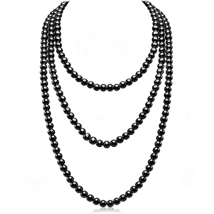 SukAmi 150cm Long Multi Strand Black Crystal Bead Necklace, 8mm Round Smooth Glossy Black Pearl Sweater Chain, Elegant Layered Endless Beaded Necklace Statement Fashion Jewelry for Women for Wedding Party Jewelry Gift