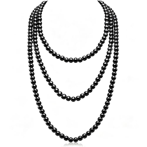 SukAmi 150cm Long Multi Strand Black Crystal Bead Necklace, 8mm Round Smooth Glossy Black Pearl Sweater Chain, Elegant Layered Endless Beaded Necklace Statement Fashion Jewelry for Women for Wedding Party Jewelry Gift