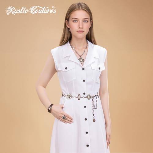 Montana West Rustic Couture's Turquoise Western Concho Chain Belt for Women | Large Western Cowgirl Metal Adjustable Boho Body Chain Belt for Dresses Jeans Country Concert - color: Alabaster Glow White