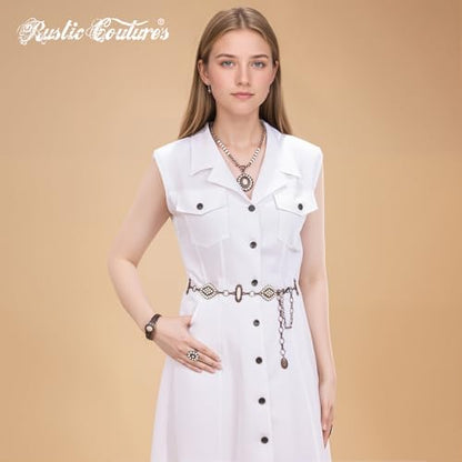 Montana West Rustic Couture's Turquoise Western Concho Chain Belt for Women | Large Western Cowgirl Metal Adjustable Boho Body Chain Belt for Dresses Jeans Country Concert - color: Alabaster Glow White