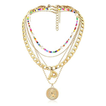 MJartoria Layered Necklaces for Women Trendy Balloon Initial Pendant Necklace Dainty Chunky Chain Beaded Choker Necklaces Jewelry Birthday Gifts - color: Gold, style: P