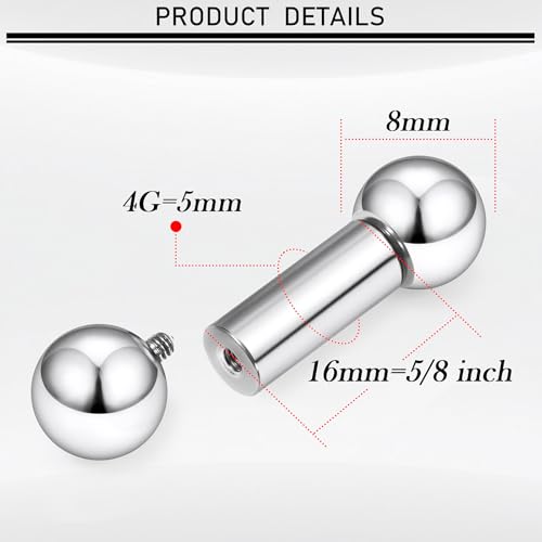 16G-00G Tongue Rings Nipple Piercings Internally Threaded Straight Barbell 316L Surgical Steel Body Piercing Jewelry for Women Men Black silver 12mm 14mm 16mm 19mm Bars Length - color: Silver, size: 4G(5mm)-16mm barbells-8mm Balls
