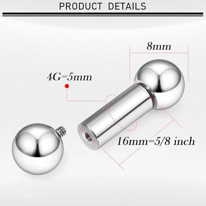 16G-00G Tongue Rings Nipple Piercings Internally Threaded Straight Barbell 316L Surgical Steel Body Piercing Jewelry for Women Men Black silver 12mm 14mm 16mm 19mm Bars Length - color: Silver, size: 4G(5mm)-16mm barbells-8mm Balls