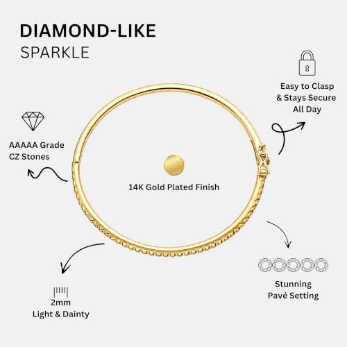KISPER Bangle Bracelet for Women 2mm Dainty Plated CZ | 5A pave cubic zirconia simulated diamonds, 6.5-7.5 inches, box latch clasp, tarnish resistant, waterproof - color: 14k Yellow Gold Plated