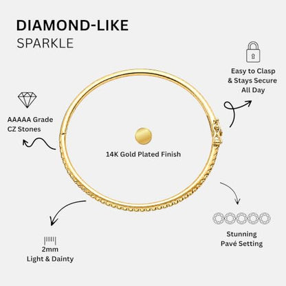 KISPER Bangle Bracelet for Women 2mm Dainty Plated CZ | 5A pave cubic zirconia simulated diamonds, 6.5-7.5 inches, box latch clasp, tarnish resistant, waterproof - color: 14k Yellow Gold Plated