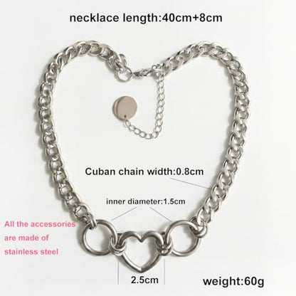 Stainless Steel O Ring Choker Necklace for Women Men Chunky Cuban Chain Collar Punk Statement Jewelry Gift for Edgy Streetwear & Aesthetic Outfits - color: Heart+O ring