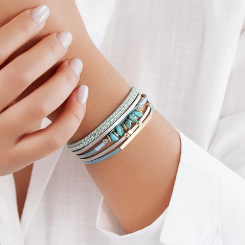 Boho Gemstone Beaded Leather Wrap Bracelets Stackable Chunky Cuff Bracelet Western Jewelry Cowboy Chic Country Concert Outfits for Women - color: Teal