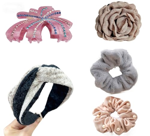 Hair Accessories Set for Women 5 PCS Pearl Scrunchies Rhinestone Flower Hair Clips Colorful Headband Hair Set - color: 49