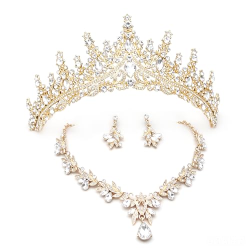 Women Tiaras and Crowns Bridal Jewelry Set with Rhinestones, Gold Plated Floral Necklace Tiara and Earrings, Wedding Birthday Party Accessories - color: Gold White