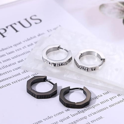 Aroncent 2-8Pcs Womens Mens Huggie Hoop Triangle Earrings Viking Runes Stainless Steel Ear Stud Novelty Black/Gold/Silver - color: F-Viking Geometric Earrings-2PCS