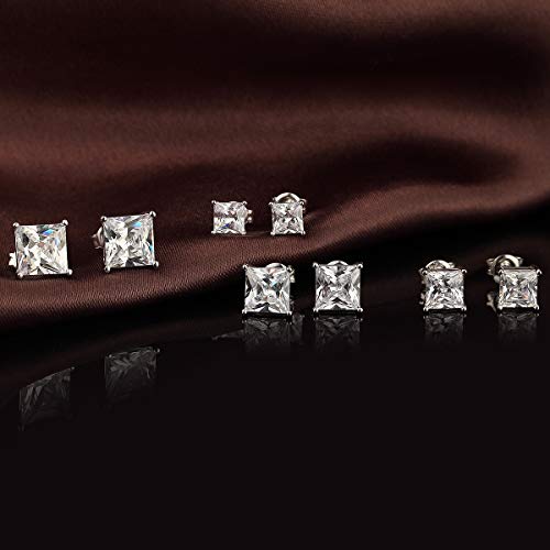 Jiamiaoi 18K White Gold Plated Stud Earrings 925 Sterling Silver Round and Square Cut Princess Cut 5A+ Cubic Zirconia Stud Earrings 4mm to 8mm Fashion Jewelry for Men Women - color: B-Silver-Square, size: 5mm