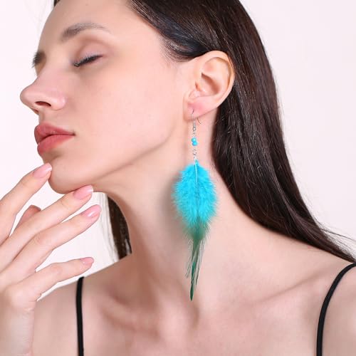 RUOFFETA Long Feather Earrings for Women, Boho Bohemian Earrings Multicolor Tassel Handmade Feather Earrings for Women Dangling - style: M-Blue