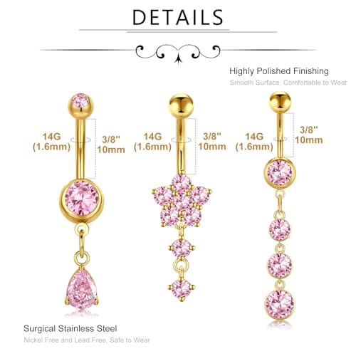MODRSA Dangle Belly Button Ring Dangling Silver Gold Dangly Belly Piercing Jewelry Hypoallergenic Surgical Steel Butterfly Flower Navel Rings for Women Clicker Navel Piercings Pink - color: C2-Dangle 3pcs -gold pink