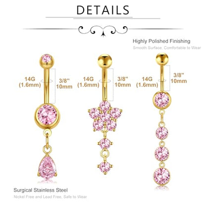 MODRSA Dangle Belly Button Ring Dangling Silver Gold Dangly Belly Piercing Jewelry Hypoallergenic Surgical Steel Butterfly Flower Navel Rings for Women Clicker Navel Piercings Pink - color: C2-Dangle 3pcs -gold pink