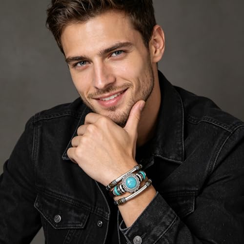 INENIMARTJ Western Turquoise Leather Wrap Bracelets for Men Women Boho Multilayer Turquoise Cuff Wrap Bracelet Western Bracelet Jewelry for Men and Woman - color: brown