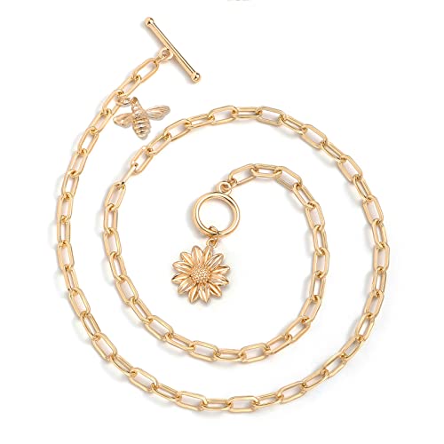 DoreenBeads 18K Gold Sun Moon Star Compass Pendant Necklace | Chunky Toggle Paperclip Chain Necklace with Heart Daisy Bee Charms for Women Girls 20 Inches - color: Daisy & Bumblebee