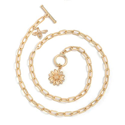 DoreenBeads 18K Gold Sun Moon Star Compass Pendant Necklace | Chunky Toggle Paperclip Chain Necklace with Heart Daisy Bee Charms for Women Girls 20 Inches - color: Daisy & Bumblebee