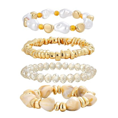 GOOJIDS Simple Beaded Gold Plated Bangles Bracelet Chunky Bamboo Tube Curved Stacking Clear Acrylic Colorful Beads Stretchable Gold Plated Bracelets Set For Women - color: T Shell Beads Set