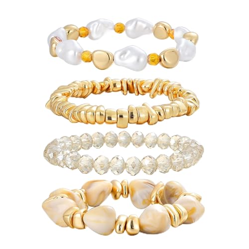 GOOJIDS Simple Beaded Gold Plated Bangles Bracelet Chunky Bamboo Tube Curved Stacking Clear Acrylic Colorful Beads Stretchable Gold Plated Bracelets Set For Women - color: T Shell Beads Set