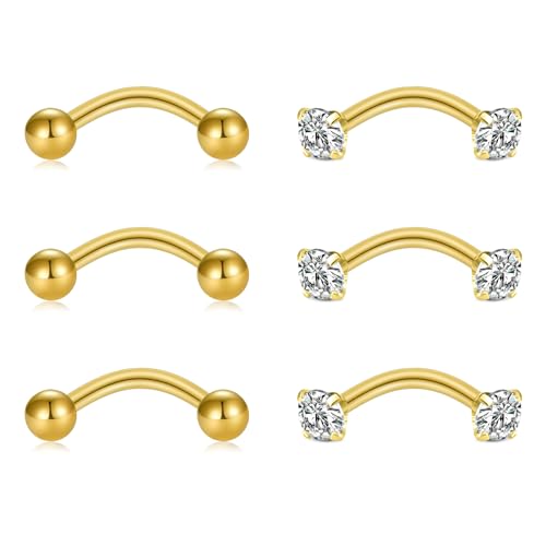 Briana Williams 6pcs Stainless Steel Rook Daith Earrings Belly Lip Ring Eyebrow Studs Cartilage Tragus Cubic Zirconia Barbell Body Piercing 8mm (5/16") - color: 3 -Gold