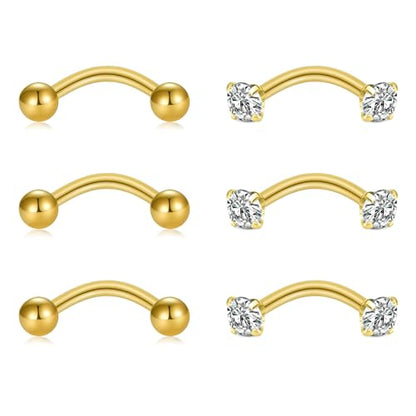 Briana Williams 6pcs Stainless Steel Rook Daith Earrings Belly Lip Ring Eyebrow Studs Cartilage Tragus Cubic Zirconia Barbell Body Piercing 8mm (5/16") - color: 3 -Gold