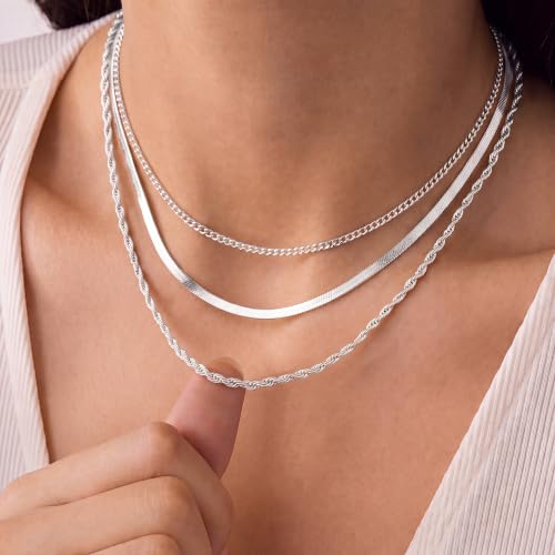 Layered Necklaces for Women, 3 Chain Choker Set, 14k Gold/Silver Plated | 3 Detachable Strands, 7+ Ways to Wear, Tangle Free Design, Herringbone Rope Curb Textures, Tarnish Resistant - color: Silver