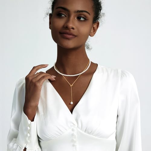 Zeffy Pearl Necklace 4MM/6MM/8MM Dainty Round Imitation Pearl Choker Necklace Wedding Pearl Necklace Delicate Jewelry for Women Simple Bridesmaid Jewelry Gifts - style: 4mm Gold Pearl Necklace & Pearl Y Necklace