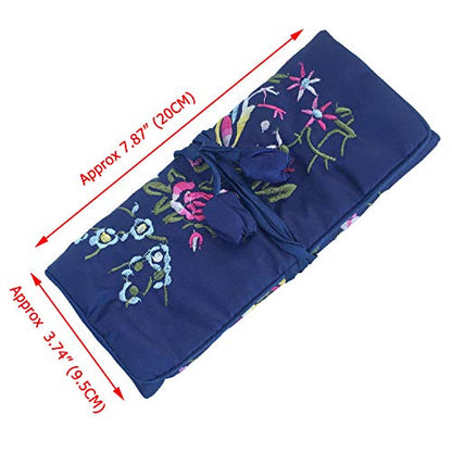 Travel Jewelry Roll Bag - Silk Embroidered Brocade Pouch for Rings, Necklaces, Earrings, Bracelets | Lightweight & Tie Closure (Navy Blue) - color: Navy Blue