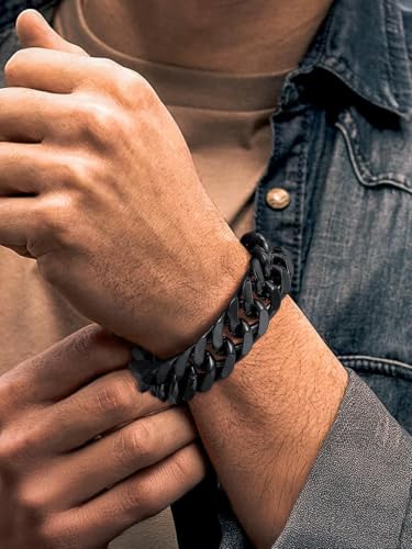 Richsteel Mens Cuban Link Bracelets, Silver/Black/14K Gold Plated Stainless Steel Bracelet for Men 8/12/17mm Width, 7.4/8.2/9 Inch Length Chain Wrist Bracelets With Gifts Box - style: 09-Black 17mm Width