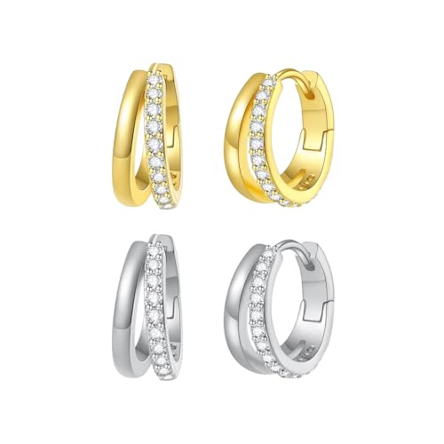 2 Pairs Gold/Silver Hoop Earrings For Women Set Trendy,14K Plated Gold Chunky Huggie Hoop Earings Pack,Oval Twisted Statement Silver Hoops,Fashion Jewelry Gift - color: B4 double loops CZ hoops set