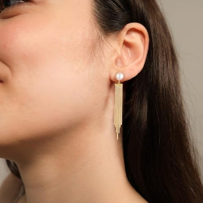 Robaice 14K Gold Plated Dangle Earrings for Women, Long Drop Earrings | Dainty Tassel Earrings Trendy, Hypoallergenic Dangling Lip Block Snake Chain, Threader Earrings for Women, Jewelry Gifts - color: Gold 1