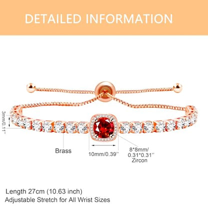 Sparkling CZ Tennis Bracelets for Women, Birthstone Slider Bolo Bracelets Trendy Birthday Valentine's Day Jewelry for Women Lady - color: Red
