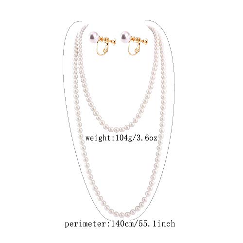 Handmade Faux Pearl Necklace and Clip on Earrings Jewelry Sets for Women Bib Choker Collar Necklace - color: 140cm White-Necklace+Screw Clip Earrings