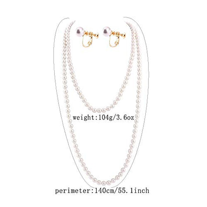 Handmade Faux Pearl Necklace and Clip on Earrings Jewelry Sets for Women Bib Choker Collar Necklace - color: 140cm White-Necklace+Screw Clip Earrings
