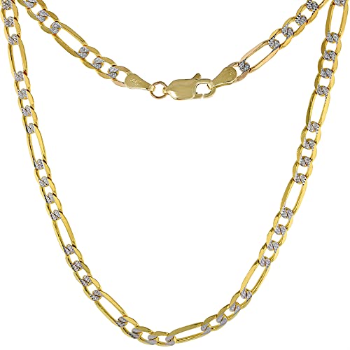 Inc. Solid 14k 2-Tone Gold Pave Diamond Cut 4mm Figaro Chain Necklaces & Bracelets for Women & Men Lobster Clasp 8-26 inch