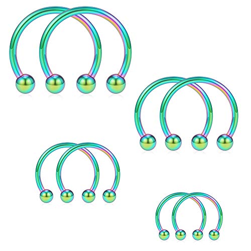 SCERRING 8PCS 16G Stainless Steel Nose Septum Horseshoe Earring Eyebrow Septum Lip Helix Tragus Piercing Ring 6-12mm - color: 8PCS - 14G Rainbow