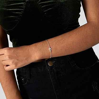 14K Gold Plated Handmade Dainty Dot Bracelet Cute Thin Everyday Bracelets for Women Men Size 6.5"+2" Extender - color: Cross:White Gold
