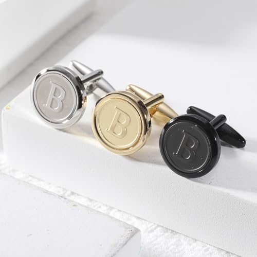 Initial Letter A-Z Cufflinks for Men Silver/Gold/Black Cufflinks 26 Alphabet Letter Copper Cufflinks for Formal Occasions Gifts Anniversary Business Wedding for Bridegroom Groomsmen - size: Gold, style: Initial: B