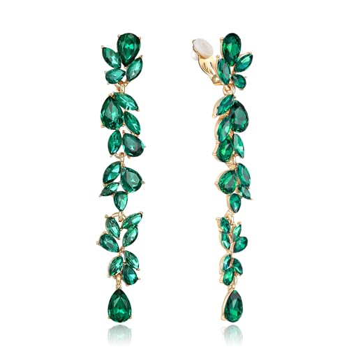 Crysdue Clip On Earrings for Women Rhinestone Crystal Teardrop Cluster Wedding Bridal Non Pierced Long Dangle Earring for Prom Party - color: Green Gold-Tone