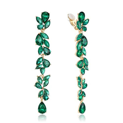 Crysdue Clip On Earrings for Women Rhinestone Crystal Teardrop Cluster Wedding Bridal Non Pierced Long Dangle Earring for Prom Party - color: Green Gold-Tone