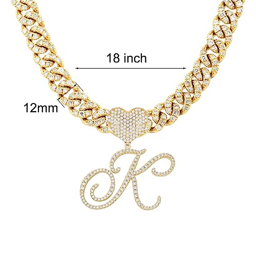 Initial Necklaces Silver Cuban Link Chain for Women Iced Out Chain with Heart Letter Pendants Custom Chain Name Necklace Hip Hop Jewelry Gift - color: K Gold