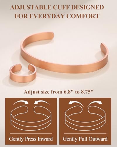 Pure Copper Bracelet and Ring Set – Copper Bracelet for Men & Women – 100% Solid, Raw & Uncoated Handmade Hammered Tibetan Cuff Bangle - color: copper024