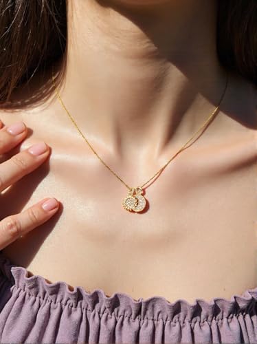 Double Pendant Necklace for Women 18k Gold Plated Necklace Cubic Zirconia Dainty Gold Necklaces for Women - style: Sun and Moon