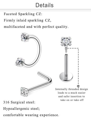 Horseshoe Nose Ring 18G Internally Threaded Nose Rings Hoops Surgical Steel Half Double Cubic Zirconia Nostril Studs Lip Eyebrow Helix Daith Ear Piercing Jewelry For Women - color: silvertone