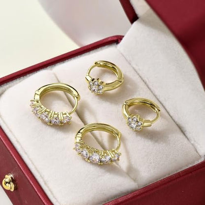 JINEAR 2 Pairs Gold Hoop Earrings for Women Dainty Huggie Earrings Set | 14K Gold Plated Cubic Zirconia Hypoallergenic Lightweight Waterproof Cartilage Hoop Earrings Trendy Jewelry Gift - color: hoop earrings-3