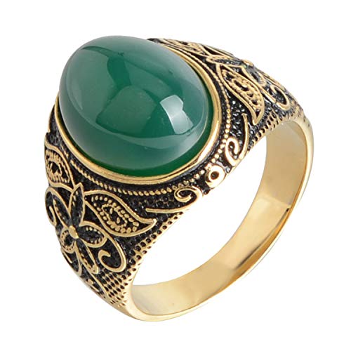 Retro Unisex Stainless Steel Oval Gemstone Hollow Flower Carved Signet Ring - color: Gold Black-Green