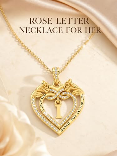 14K Gold Initial Letter Rose Heart Pendant Necklace for Women, Anniversary Birthday Jewelry Gifts for Wife Mom Grandma Sister Daughter, I Love You for Always And Forever - style: 14K Gold-I