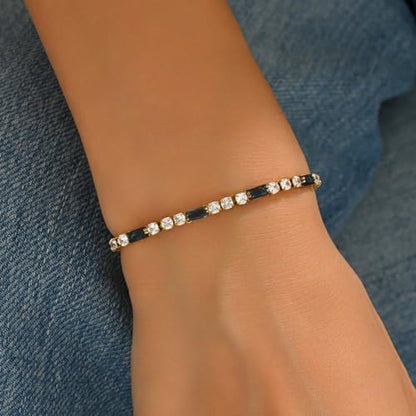 Tennis Bracelet for Women 18K Gold Plated White Red Green Black Blue Pink 3mm Cubic Zirconia Bracelet Dainty Diamond Adjustable Bracelet Trendy Jewelry Gift - color: Blue Tennis-Gold