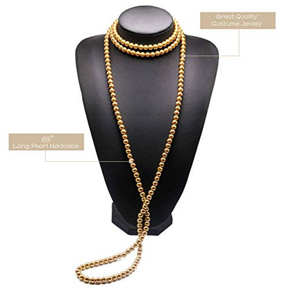 Long Pearl Necklaces for Women Cream White Faux Pearl Strand Layered Necklace Costume Jewelry - color: Yellow